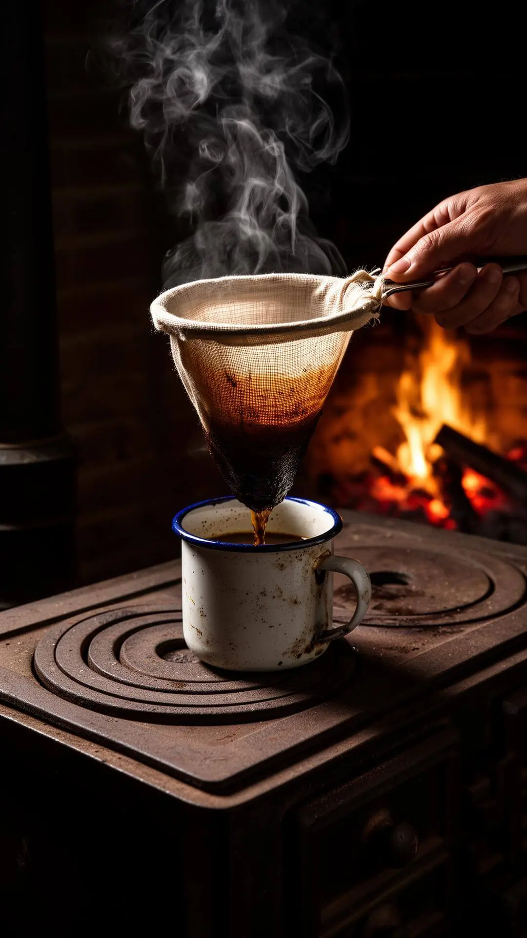 Café sendo passado em coador artesanal à beira de lareira