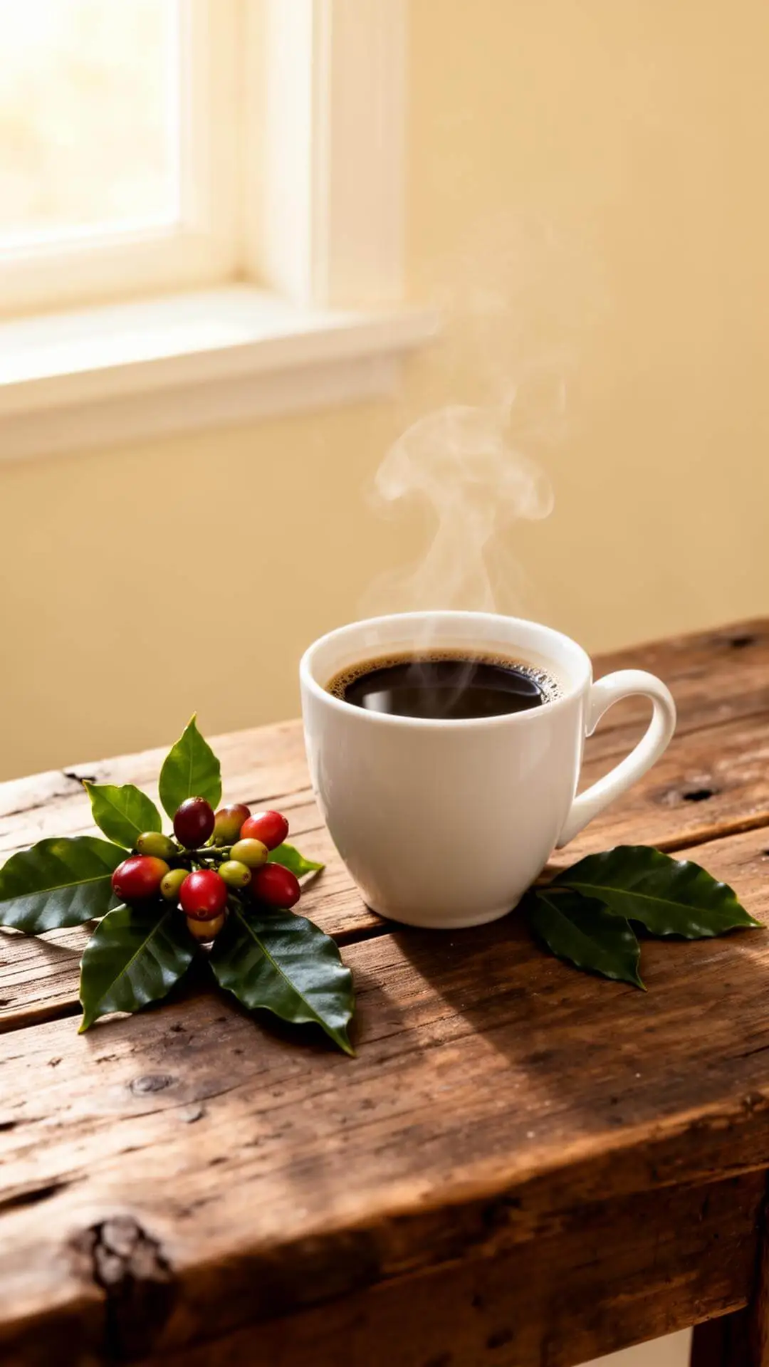 Xícara de café com ramos de café cereja ao fundo