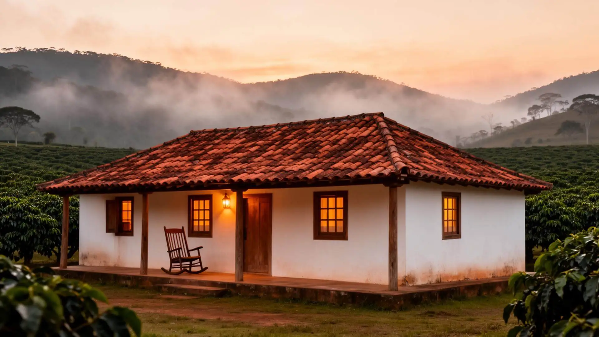 Casa colonial da fazenda com telhado de barro e alpendre em madeira
